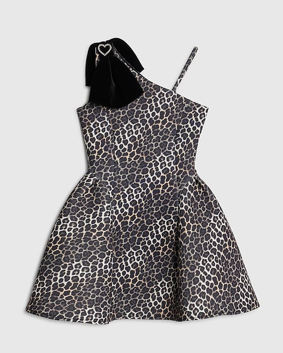River Island Girls Dress Brown Leopard One Shoulder Bow - Image 1