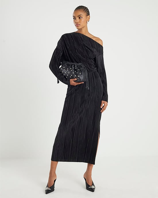 River Island Womens Midi Dress Black Plisse Long Sleeve - Image 1