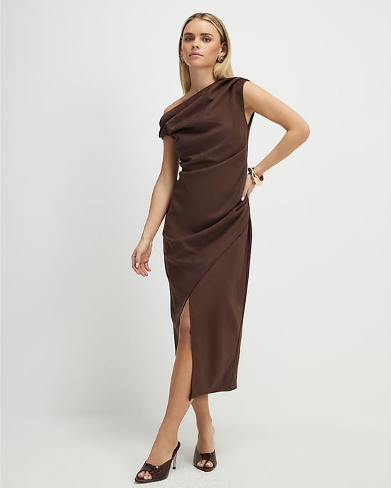 River Island Womens Midi Dress Petite Brown Faux Suede Drape River Island Womens Midi Dress Petite Brown Faux Suede Drape