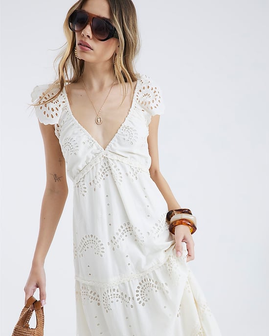River Island Womens Midi Dress Cream Sleeveless V-Neck Broderie - Image 3
