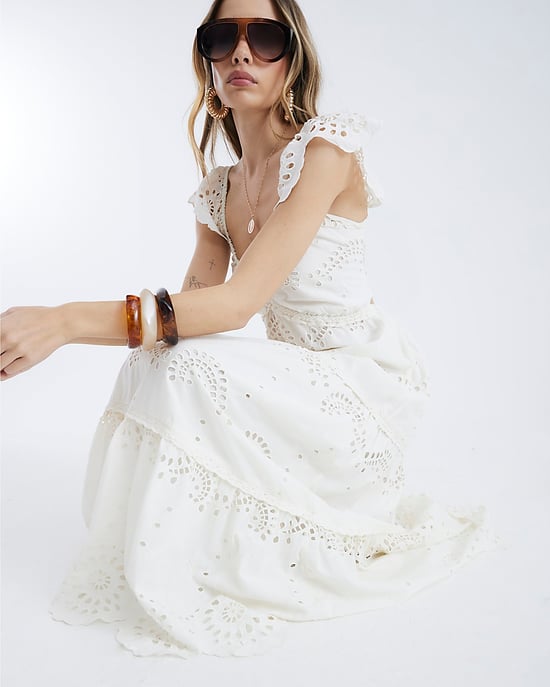 River Island Womens Midi Dress Cream Sleeveless V-Neck Broderie - Image 4