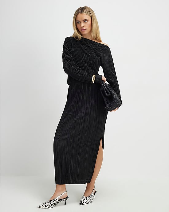 River Island Womens Asymmetric Midi Dress Petite Black Plisse - Image 1