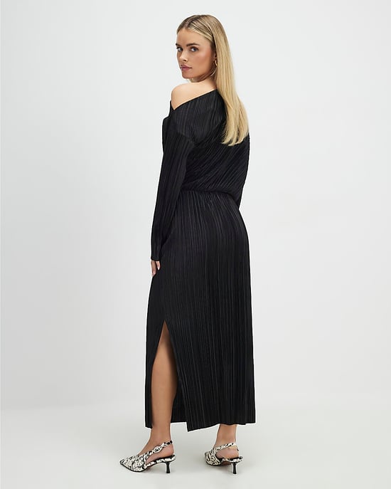 River Island Womens Asymmetric Midi Dress Petite Black Plisse - Image 3