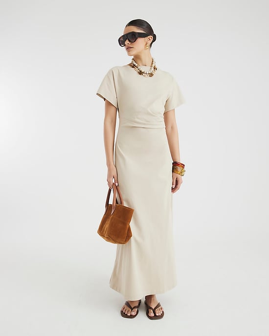River Island Womens Midi Dress Beige Short Sleeve Drape Side - Image 1