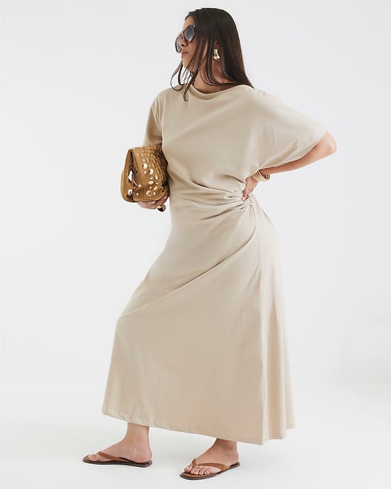 River Island Womens Midi Dress Beige Short Sleeve Drape Side - Image 4