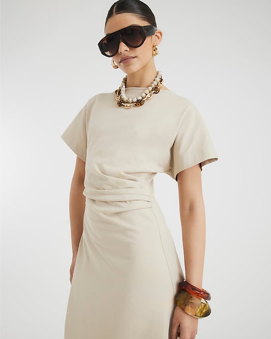 River Island Womens Midi Dress Beige Short Sleeve Drape Side - Image 5