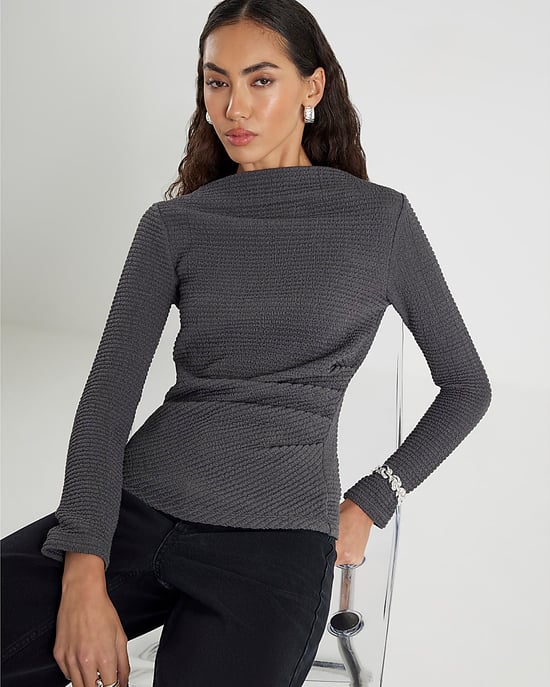 River Island Womens Drape Top Grey Long Sleeve Waffle Textured - Image 1