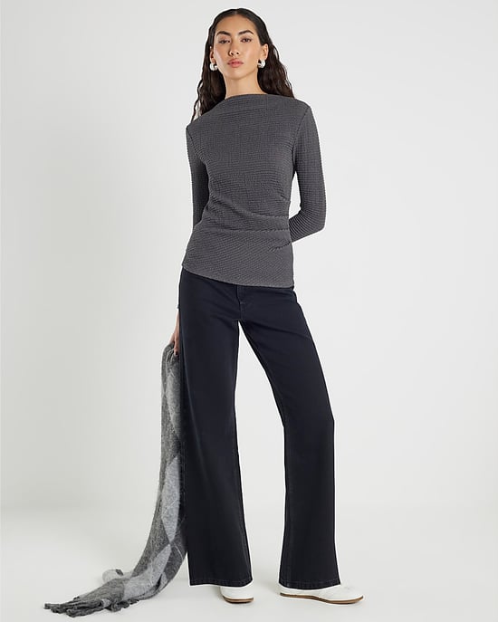 River Island Womens Drape Top Grey Long Sleeve Waffle Textured - Image 2