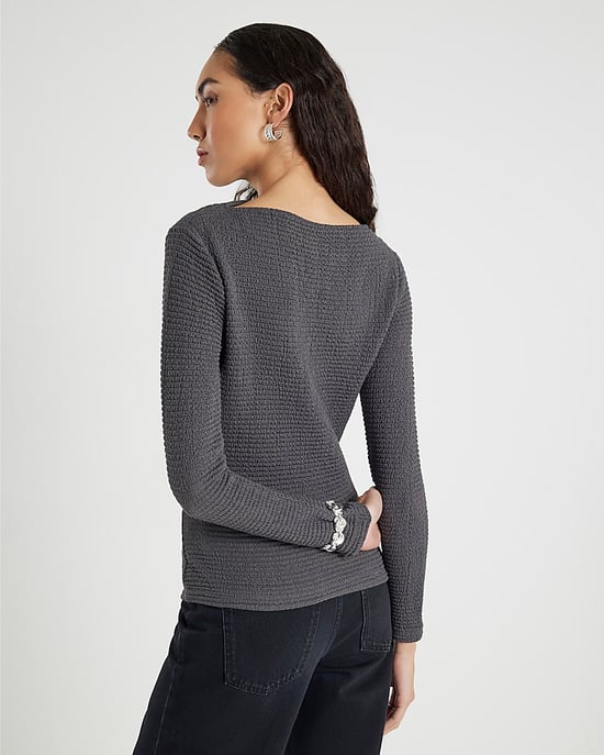 River Island Womens Drape Top Grey Long Sleeve Waffle Textured - Image 3