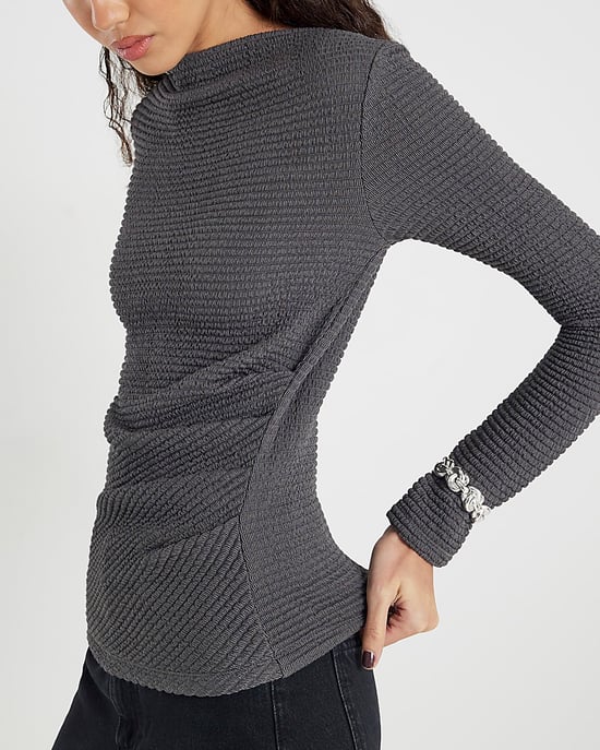 River Island Womens Drape Top Grey Long Sleeve Waffle Textured - Image 4