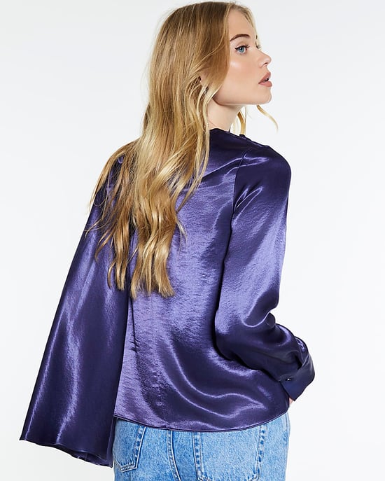 River Island Womens Blouse Blue Satin Ruched Cape Detail - Image 3