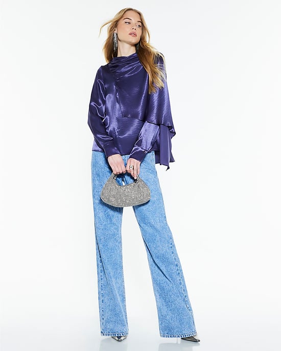 River Island Womens Blouse Blue Satin Ruched Cape Detail - Image 4