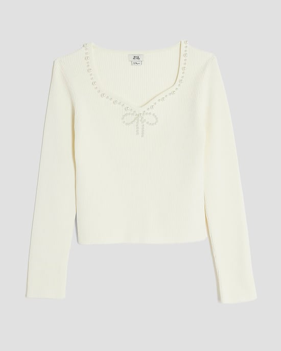 River Island Girls Top Cream Pearl Embellished Long Sleeve - Image 1