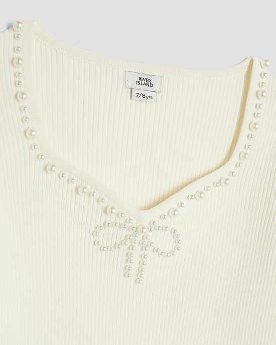 River Island Girls Top Cream Pearl Embellished Long Sleeve - Image 3