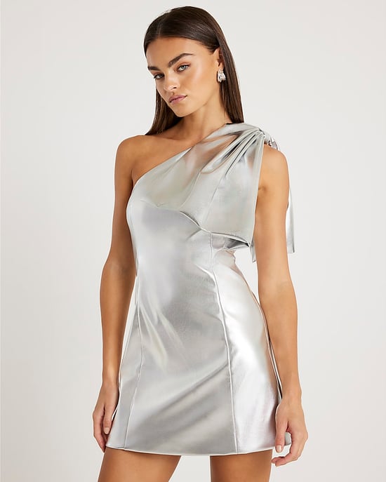 River Island Womens Mini Dress Silver Faux Leather One Shoulder - Image 1