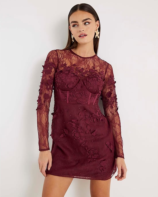 River Island Womens Mini Dress Red Lace Long Sleeve Embellished - Image 1
