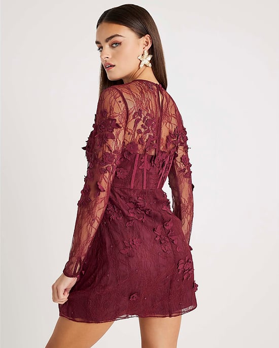 River Island Womens Mini Dress Red Lace Long Sleeve Embellished - Image 3