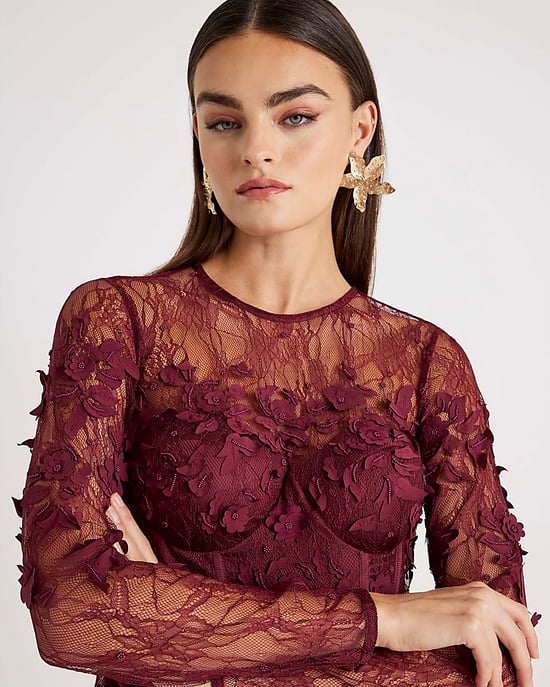 River Island Womens Mini Dress Red Lace Long Sleeve Embellished - Image 4