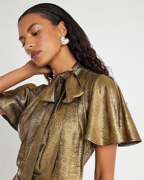 River Island Womens Dress Gold Metallic Pussybow Flippy