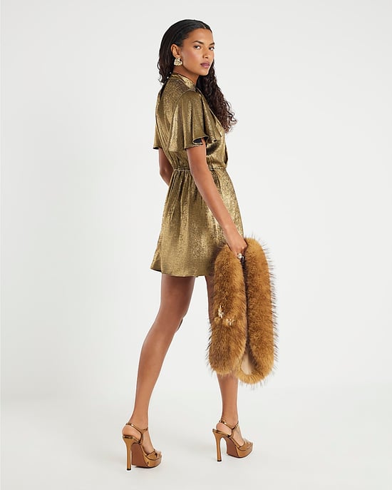 River Island Womens Dress Gold Metallic Pussybow Flippy River Island Womens Dress Gold Metallic Pussybow Flippy