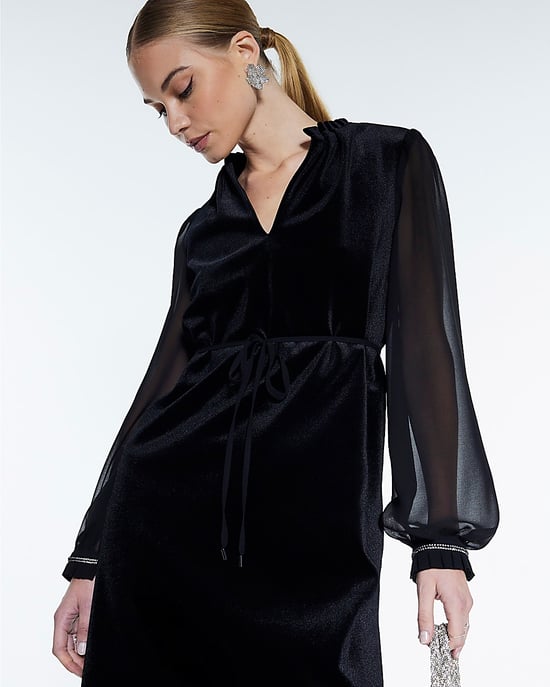 River Island Womens Mini Dress Black Velvet Long Sleeve Belted V-Neck - Image 4
