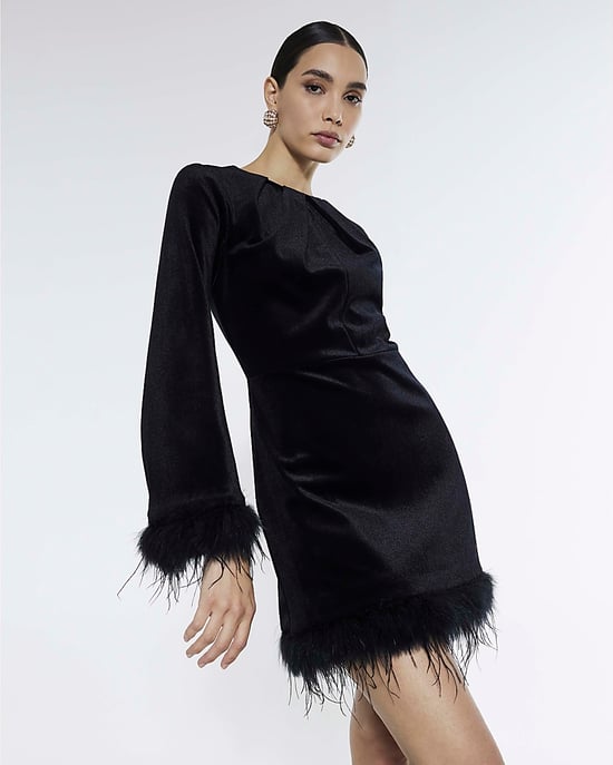River Island Womens Dress Black Velvet Long Sleeve Feather Trim - Image 3
