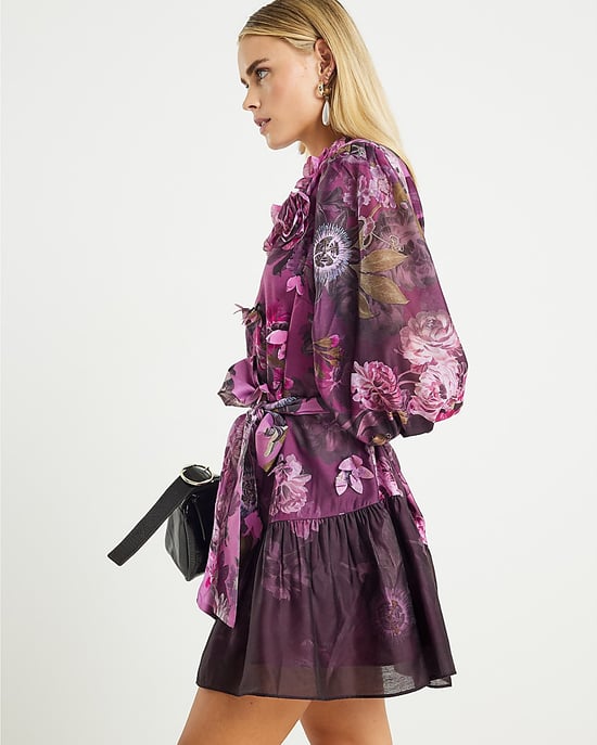 River Island Womens Mini Dress Petite Purple 3D Floral Belted - Image 2
