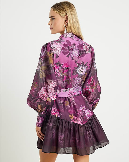 River Island Womens Mini Dress Petite Purple 3D Floral Belted - Image 3