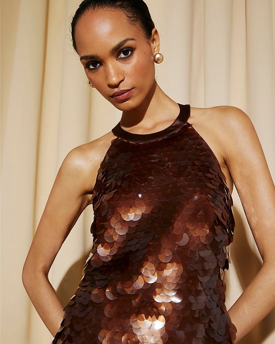 River Island Womens Mini Dress Brown Halter Neck Sequin Sleeveless - Image 3