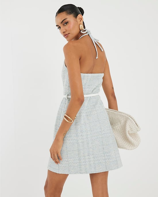 River Island Womens Mini Dress Blue Halter Neck Boucle Belted - Image 3