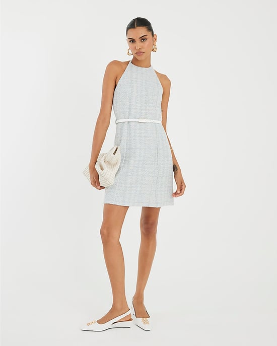 River Island Womens Mini Dress Blue Halter Neck Boucle Belted - Image 4