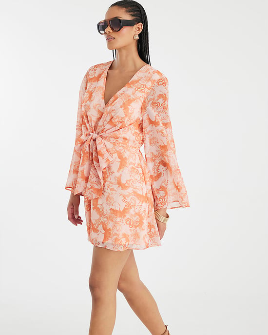 River Island Womens Mini Dress Pink Long Sleeve Tie Front V-Neck - Image 2