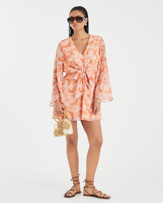 River Island Womens Mini Dress Pink Long Sleeve Tie Front V-Neck - Image 4