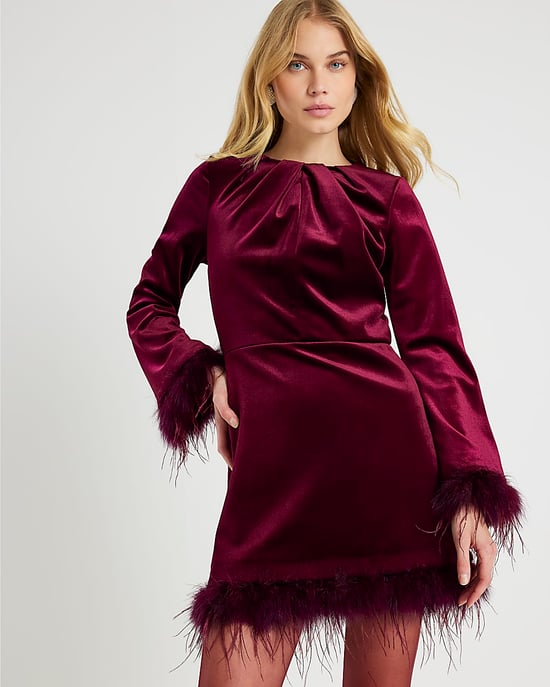 River Island Womens Dress Red Velvet Long Sleeve Feather Trim - Image 1