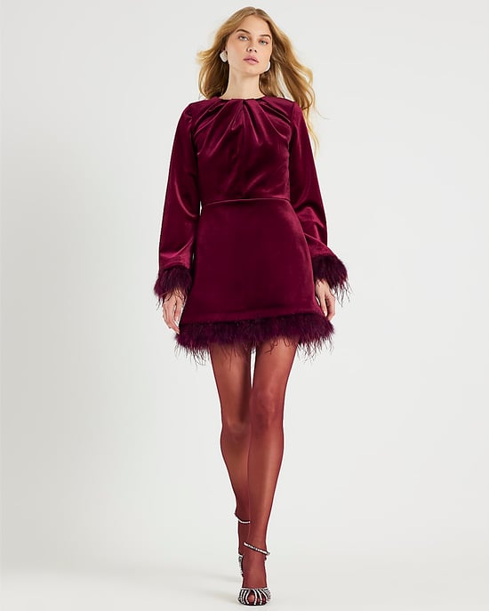 River Island Womens Dress Red Velvet Long Sleeve Feather Trim - Image 4