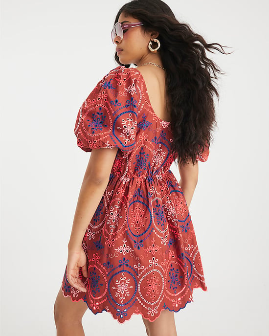 River Island Womens Mini Dress Brown Short Puff Sleeve Cutwork - Image 3