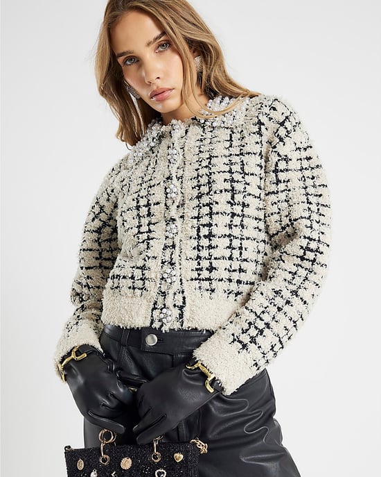 River Island Womens Cardigan Cream Boucle Knit Pearl Trim - Image 1