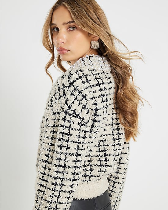 River Island Womens Cardigan Cream Boucle Knit Pearl Trim - Image 2