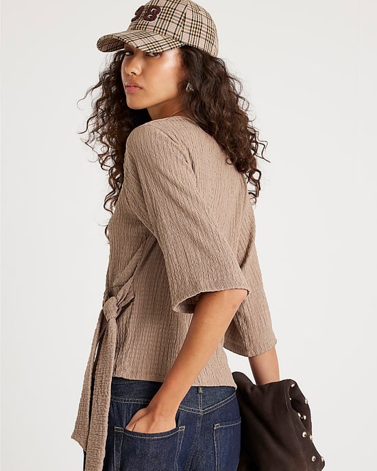 River Island Womens Top Beige Short Sleeve Textured Knot Side - Image 3