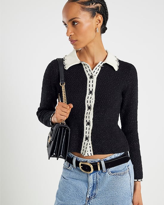 River Island Womens Peplum Top Black Knitted Collared Boucle - Image 2
