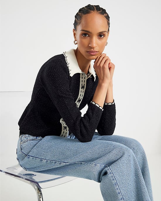 River Island Womens Peplum Top Black Knitted Collared Boucle - Image 4