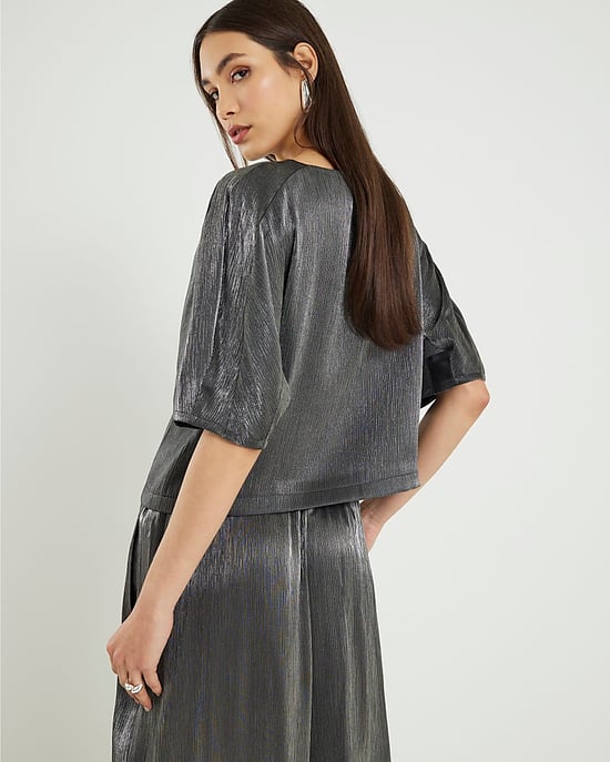 River Island Womens Top Black Short Sleeve Metallic Tailored - Image 3