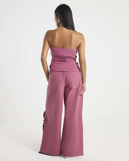 River Island Womens Wide Leg Jeans Petite Pink Low Rise Flower Denim - Image 4