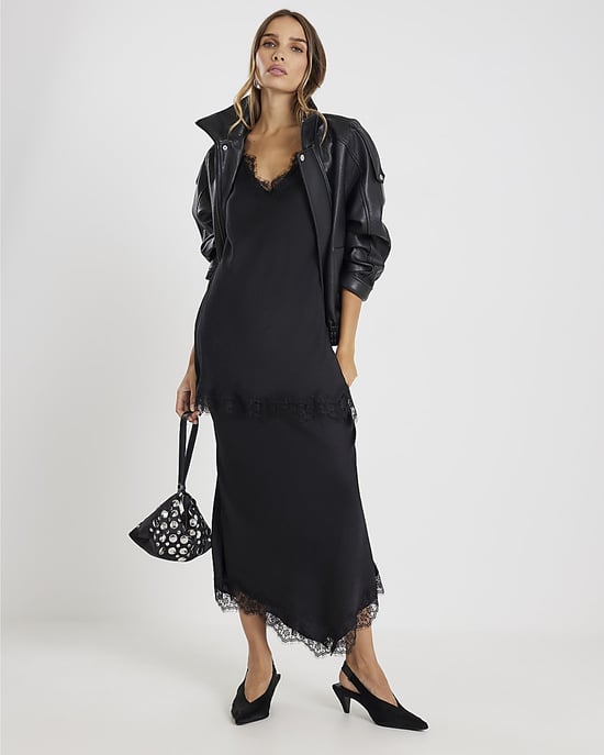 River Island Womens Midi Skirt Black Satin Lace Trim - Image 1