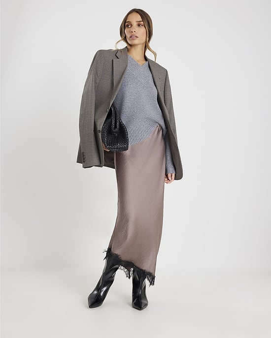 River Island Womens Midi Skirt Grey Lace Trim Satin - Image 1