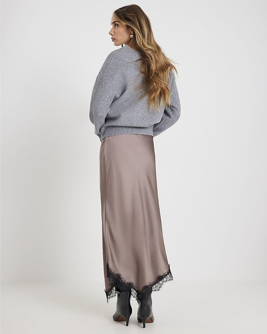 River Island Womens Midi Skirt Grey Lace Trim Satin - Image 2