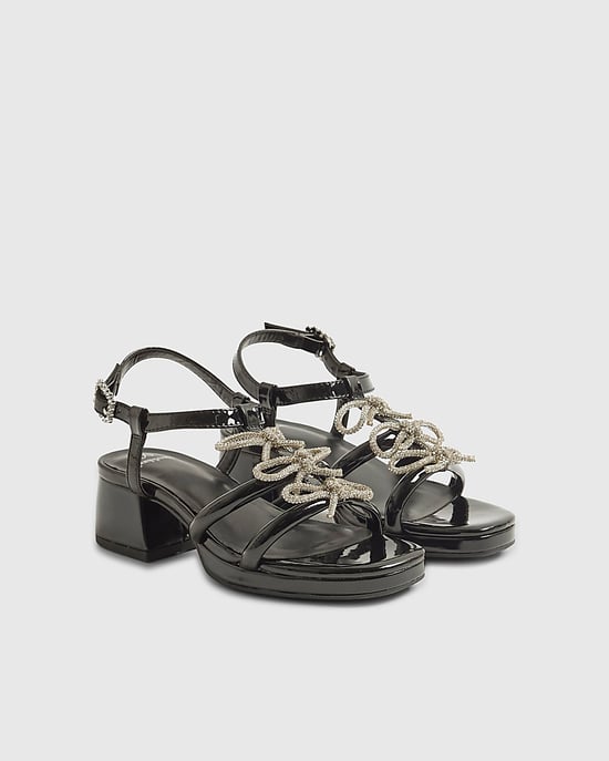 River Island Girls Heeled Sandals Black Triple Bow Shoes - Image 2