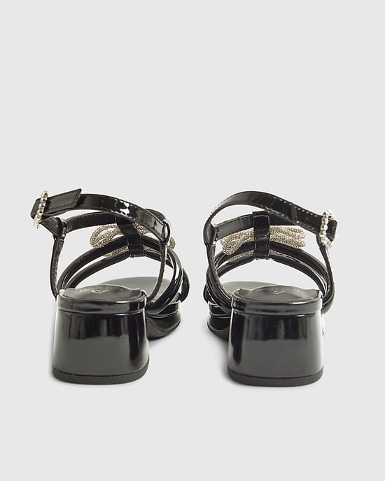 River Island Girls Heeled Sandals Black Triple Bow Shoes - Image 3