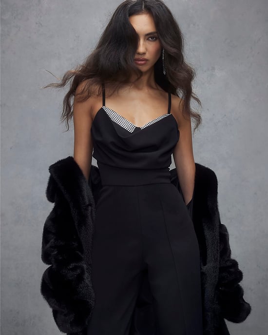 River Island Womens Jumpsuit Black Cowl Neck Diamante Detail - Image 5