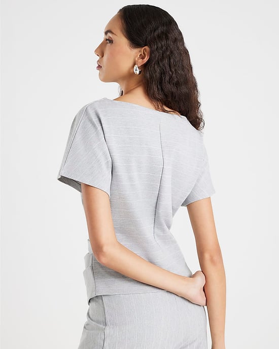 River Island Womens T-Shirt Grey Pinstripe Ruched Boat Neck - Image 3